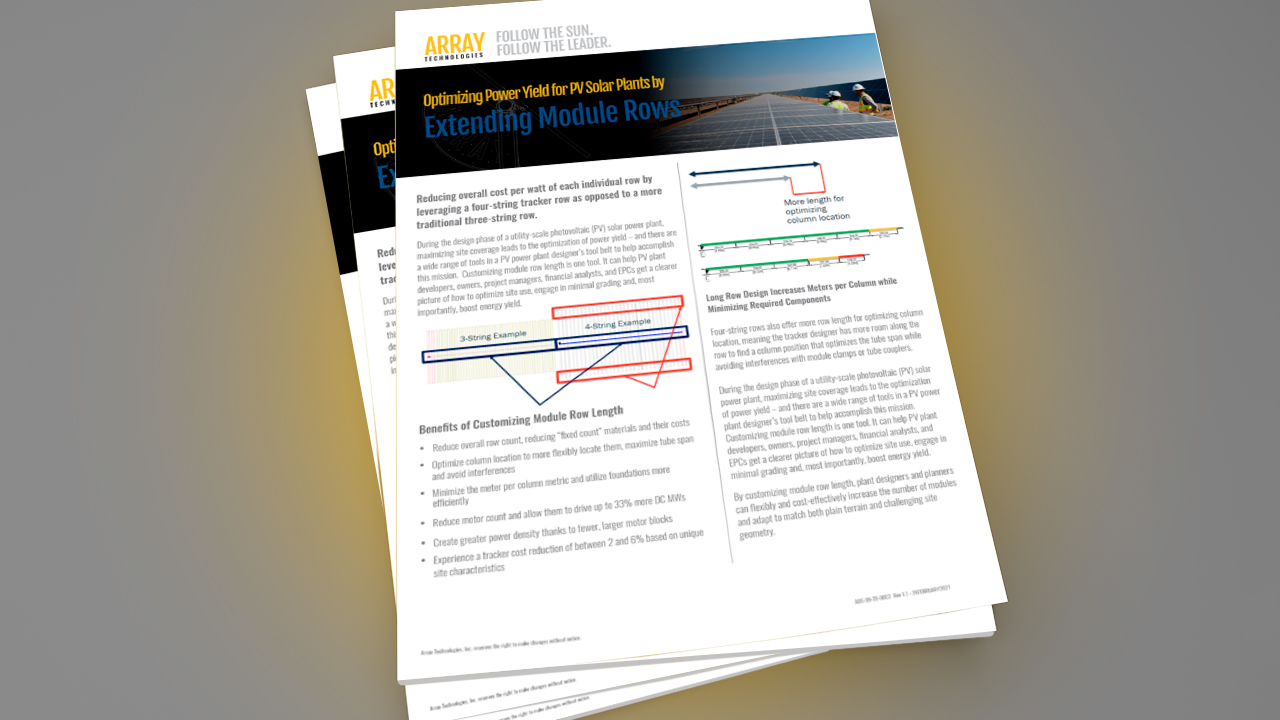 A stack of flyers that read Optimizing power yield for PV solar plants by extending module rows